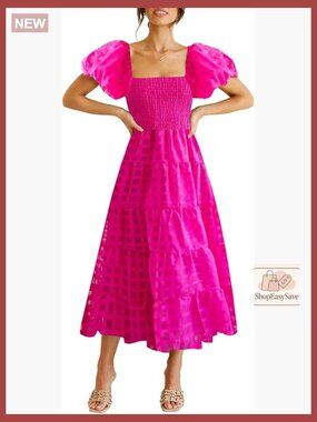 Boho Floral Midi Dress Puffy Sleeve Square Neck Smocked Waist Ruffle Hem